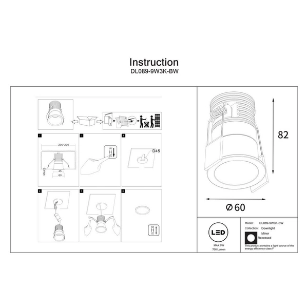 Lampa podtynkowa Minor DL089-9W3K-BW LED 9W 3000K do jadalni czarna biała