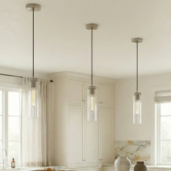 Podłużna lampa wisząca QUINCY nikiel satynowy szklany metalowy E27 do jadalni P01828NS