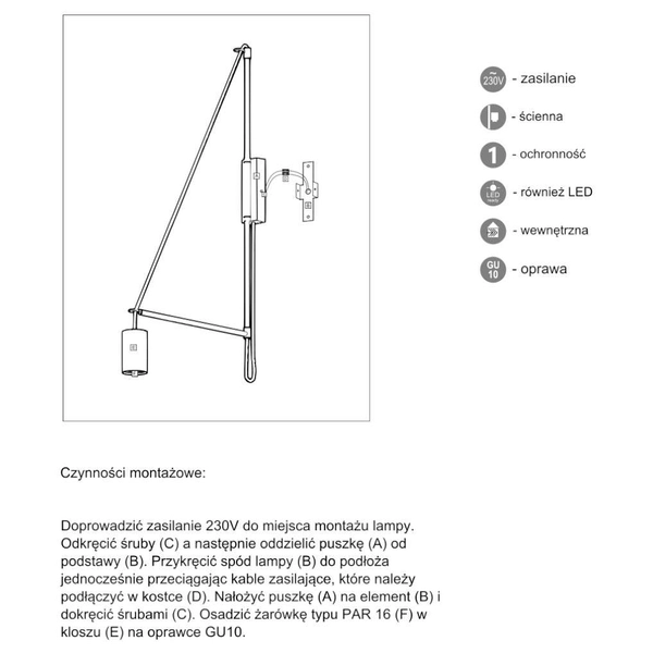 Kinkiet LAMPA ścienna KABE 9016 Shilo metalowa OPRAWA tuba na wysięgniku czarna
