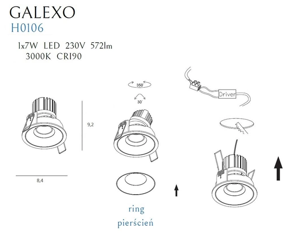 Minimalistyczny wpust GALEXO lampa do zabudowy LED 7W 3000K biała