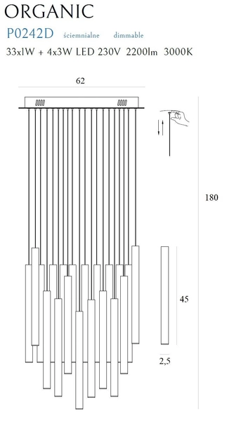 LAMPA wisząca ORGANIC P0242D Maxlight metalowa OPRAWA zwis LED 45W 3000K sople tuby złote