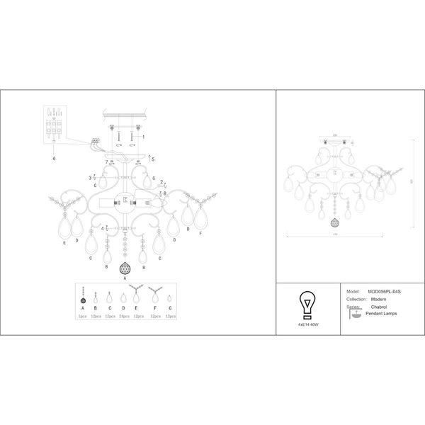 Dekoracyjny żyrandol Chabrol MOD056PL-04S pałacowy krople łezki srebrny