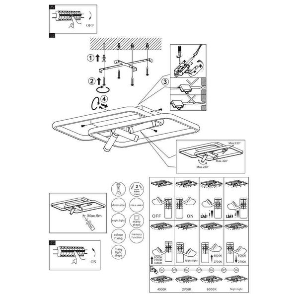 Prostokątna LAMPA sufitowa COCO 67301D1 Globo metalowe ramki LED 55W 2700K - 6000K złote