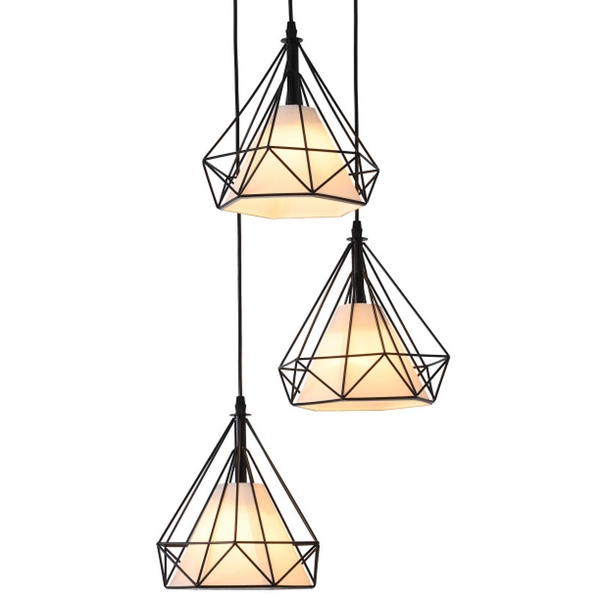 Druciana lampa wisząca NOLA LP-076/3P BK Light Prestige metalowa oprawa piramidy zwis klatki kaskada czarna biała