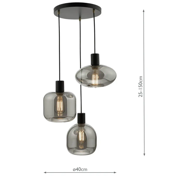 Potrójna lampa wisząca Aiden AID0310 szklane kule przydymione czarny
