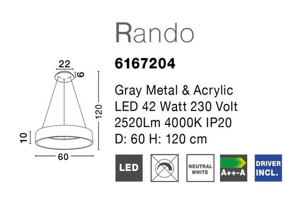 Okrągła lampa wisząca Tome Smart do kuchni LED 42W szara