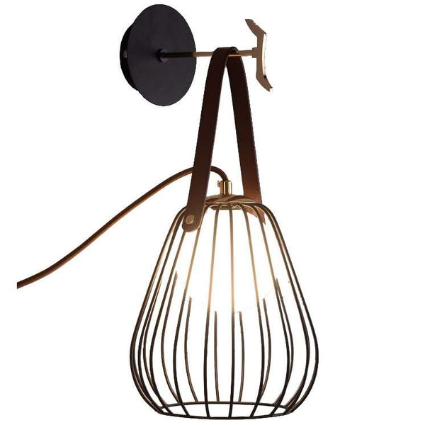 Kinkiet LAMPA ścienna BACOLI LP-1212/1W BK metalowa OPRAWA druciana klatka na skórzanym pasku czarna OUTLET