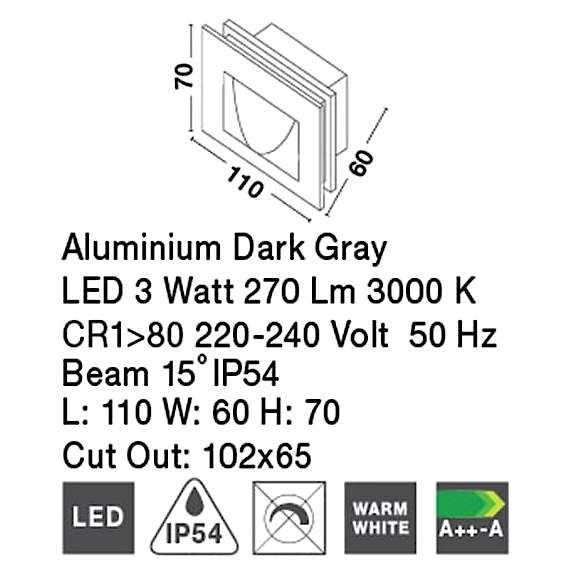 Lampa ścienna wpustowa Tartagal LE71444 schodowa prostokątna LED 3W 3000K zewnętrzna IP54 ciemnoszara