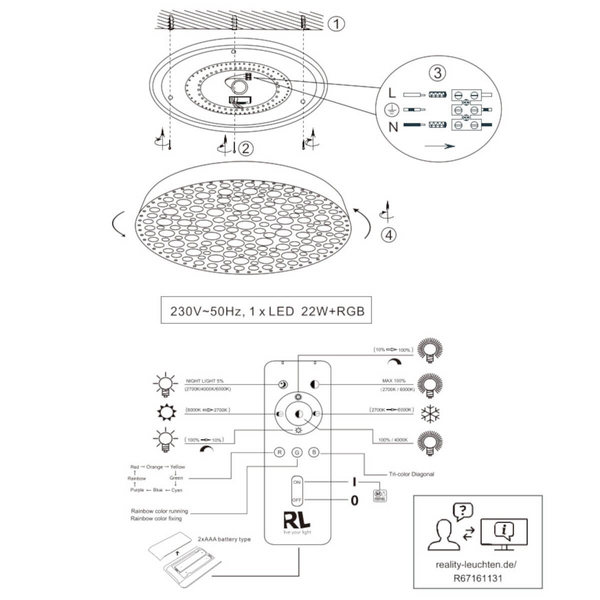 Plafon z pilotem Chizu R67161132 RL Light LED 22W 2700-6000K RGB czarna