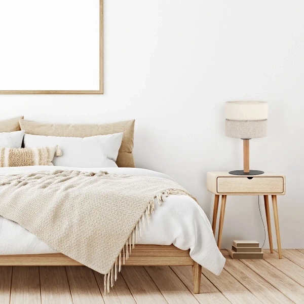 Stołowa nocna lampka Eco 5596 lniany abażur sosna beżowy czarny