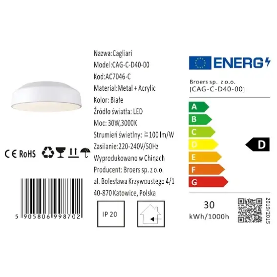 Plafon okrągły CAGLIARI CGCAGLI40 LED 30W 3000K metalowy biały