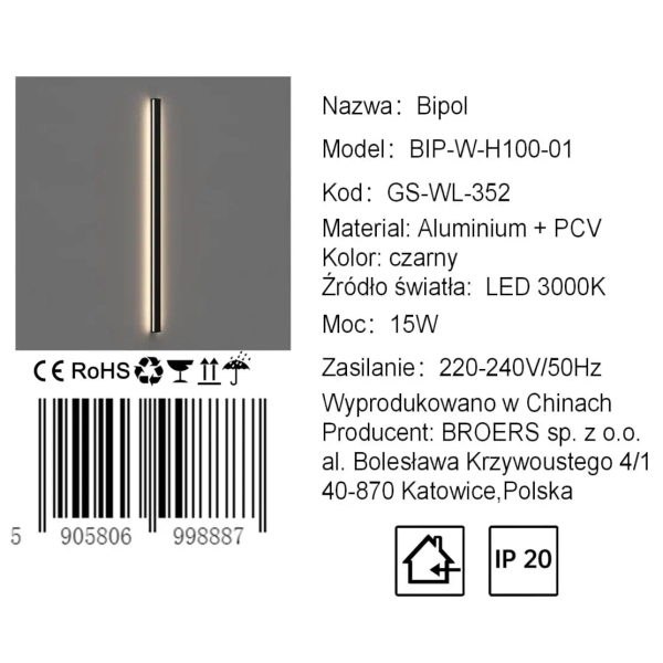 Ścienny kinkiet do jadalni BIPOL CGBIPOL100BK LED 15W 3000K czarny