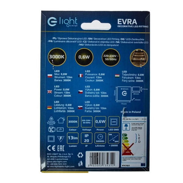 Lampa naścienna przyschodowa Evra EKS4352 LED 0,6W 3000K biały srebrny