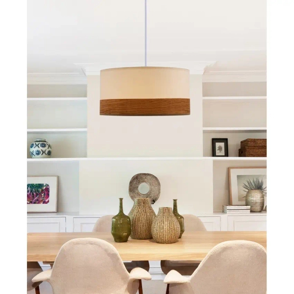 Wisząca lampa nad stół Bianco 31-17536 materiałowa biały drewniany