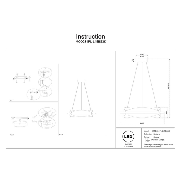 Lampa wisząca Breeze MOD281PL-L45BS3K LED 45W 3000K przezroczysty mosiądz