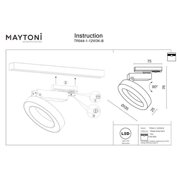 Szynowa lampa sufitowa 1-faz ścieżka świetlna Rim TR044-1-12W3K-B LED 12W 3000K czarna