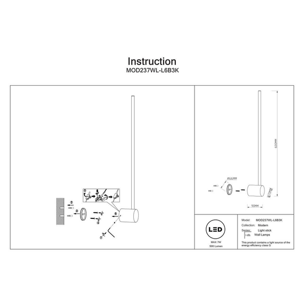 Naścienna lampa Light stick MOD237WL-L6B3K LED 7W 3000K czarna biała