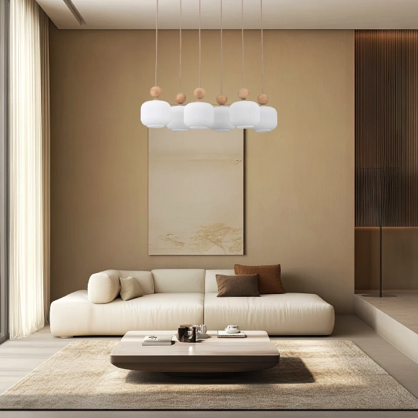 Salonowa lampa wisząca Ballo 11052 drewniana kulista biała beżowa