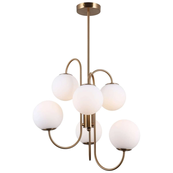 Modernistyczna LAMPA sufitowa GELA PND-5500-6-HBR Italux metalowa OPRAWA kule szklane molekuły balls mosiądz białe
