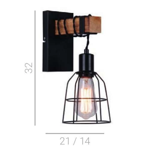 Kinkiet LAMPA ścienna PONTE WL-4290-1-L Italux metalowa OPRAWA druciana klatka industrialna drewno czarna