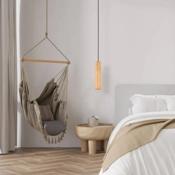 Podłużna wisząca lampa 22214 cylindryczna tuba drewniana czarna