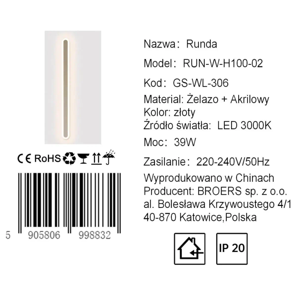 Podłużny ścienny kinkiet RUNDA CGRUND100 LED 39W 3000K złoty