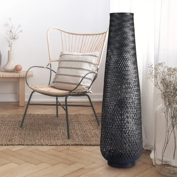 Ażurowa lampa podłogowa Zanzibar 330147 bambusowa z wtyczką czarna