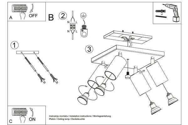 LAMPA sufitowa SL.0730 metalowa OPRAWA kwadratowa SPOT regulowane tuby chrom