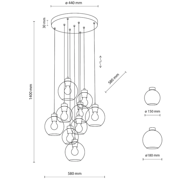 Zwisająca lampa kaskadowa Cubus 10208 balls do jadalni grafitowa czarna