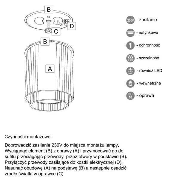 Tuba LAMPA sufitowa IGA 7014 Shilo natynkowy downlight spot metalowy biały