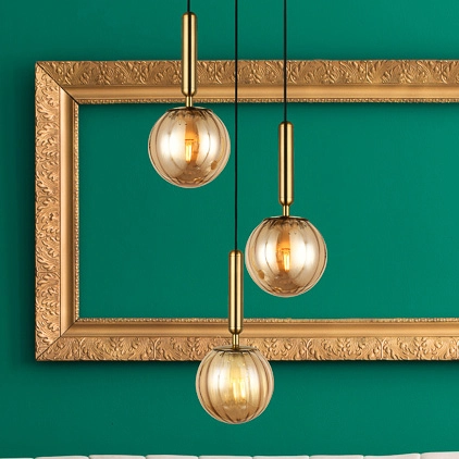 Loftowa LAMPA wisząca RAVENA PND-2324-3A BRO+AMB Italux szklana OPRAWA balls ZWIS kaskada kule mosiądz bursztynowe