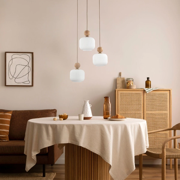 Ekologiczna lampa wisząca Ballo 11050 mleczne kule drewniana brązowy