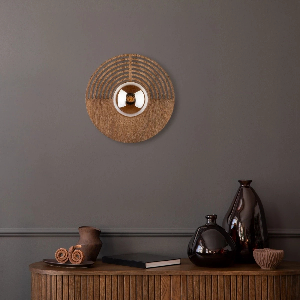 Naturalna ścienna lampa Lunar Wood 11014 okrągła drewniana brązowy