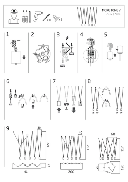 Wisząca lampa salonowa More Tone 7817 loftowe tuby czarne złote