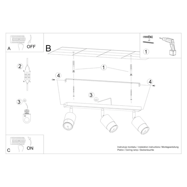 Sufitowa lampa kuchenna SL.1071 reflektorki czarne złote