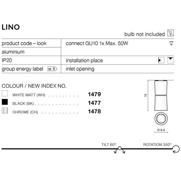 Regulowana lampa sufitowa Lino NC1802-YLD metalowa reflektorek tuba czarna