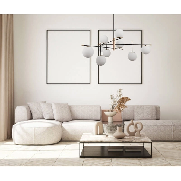 Modernistyczny żyrandol jadalniany Stelia kule mosiądz