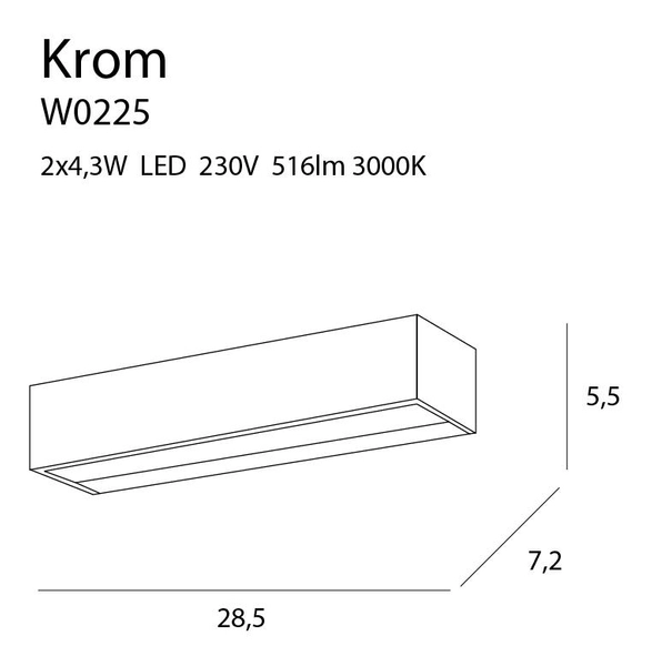 Prostokątna lampa ścienna KROM W0225 LED 8,6W 3000K belka chrom biała