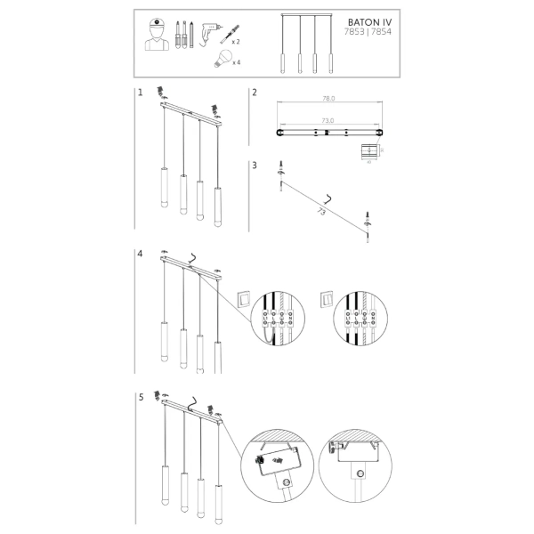 Metalowa lampa sypialniana Baton 7853 zwis na listwie mosiądz