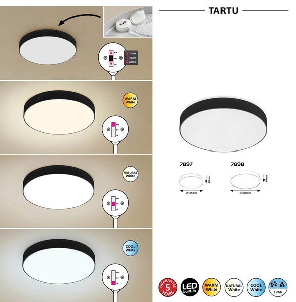 Łazienkowa LAMPA plafon TARTU 7897 Rabalux metalowa OPRAWA sufitowa LED 18W 2800K - 6000K plafoniera okrągła IP44 czarna