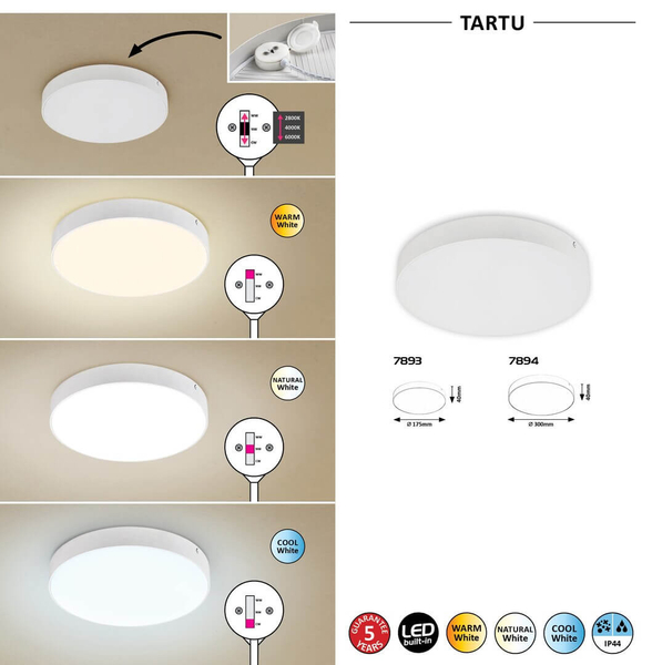Plafon LAMPA łazienkowa TARTU 7894 Rabalux okrągła OPRAWA sufitowa LED 24W 2800K - 6000K metalowa plafoniera IP44 biała
