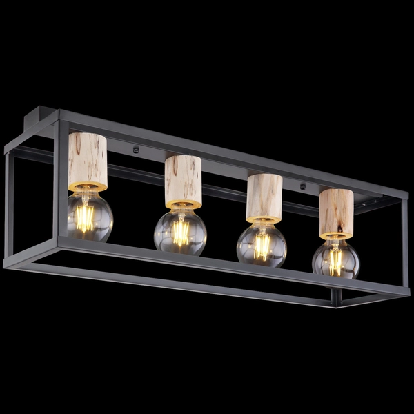 Plafon LAMPA sufitowa HAGAR 15476-4D Globo metalowa OPRAWA skandynawska klatka prostokątna hygge czarna drewniana czarna drewni