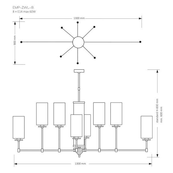 Żyrandol z abażurami Empoli EMP-ZWL-8 (Z) podłużne tuby czarne mosiądz