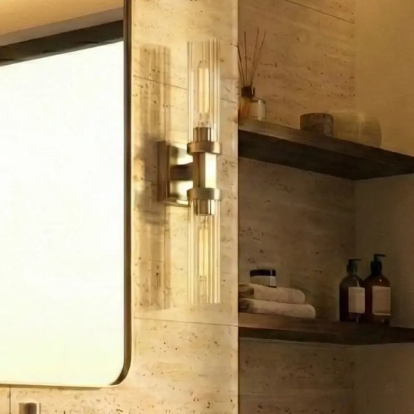 Podłużny kinkiet ścienny retro QUINCY nikiel satynowy szklany E27 2p do holu W02880NS