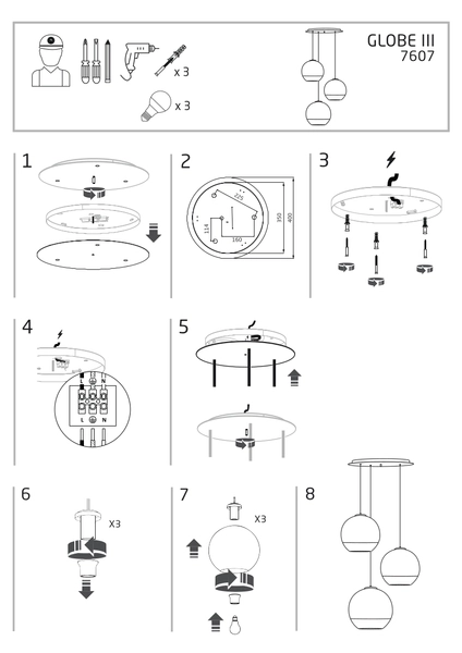Szklana kaskada wisząca Globe Plus 7607 kule do salonu srebrne