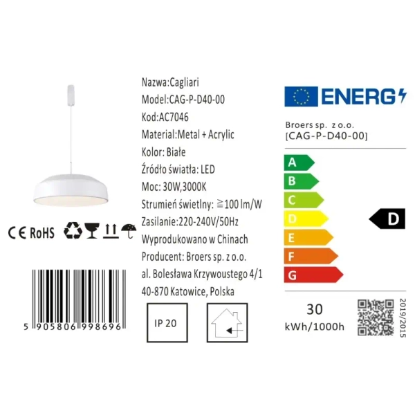 Wisząca lampa nad wyspę CAGLIARI CGCAGLIARI40 LED 30W 3000K okrągła biała