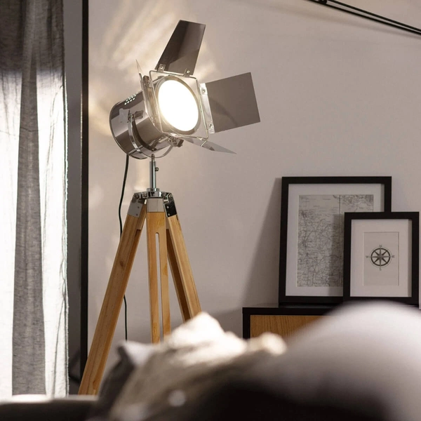 Stojąca lampa Retro ABR-RRV-S-E27 Abruzzo drewniany reflektor srebrny