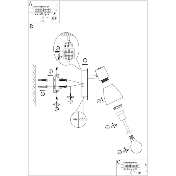 Lampa ścienna Claude 54307-1 z włącznikiem czarna przydymiona