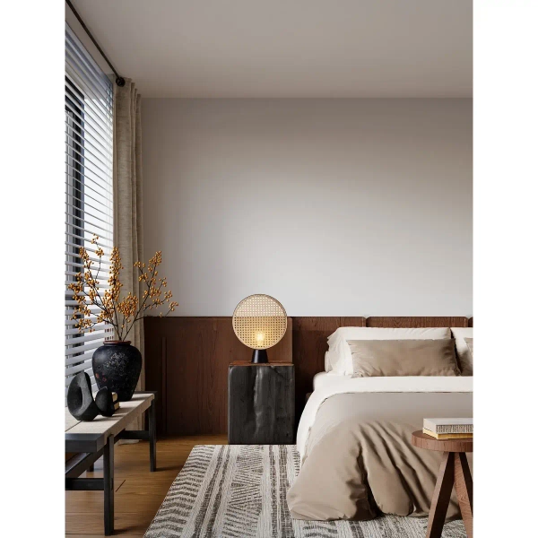 Ażurowa lampa stołowa z wtyczką COLVERZO LE45385 okrągła czarna drewniana