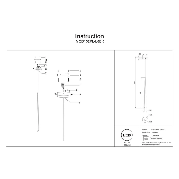 Lampa wisząca tubka Cascade MOD132PL-L6BK Maytoni LED 6W 2500-3500K czarny